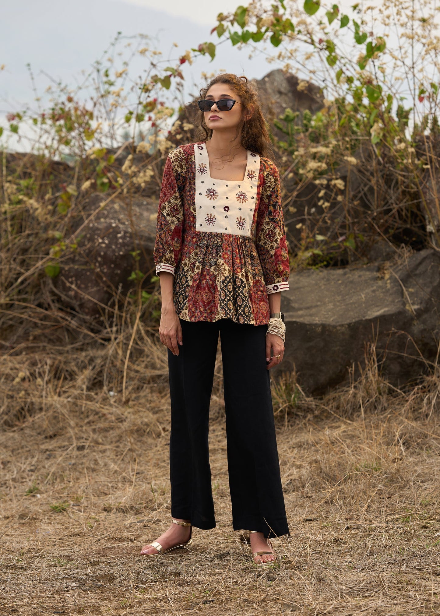 Stylish Printed kantha top  with off white embroidered yoke - pant optional