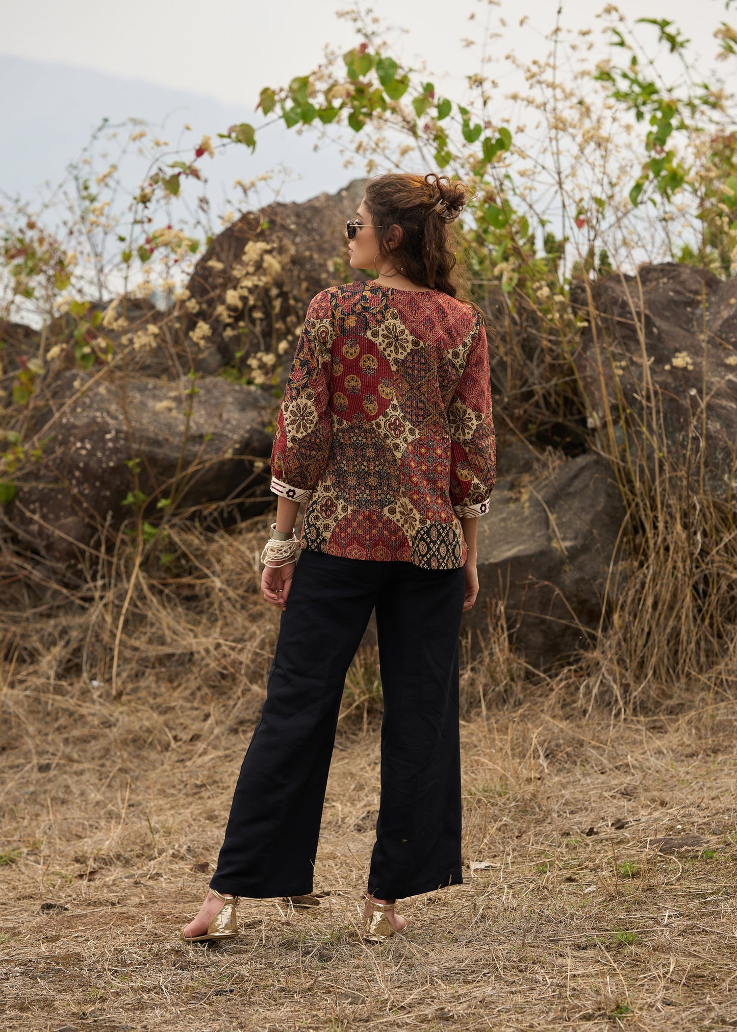 Stylish Printed kantha top  with off white embroidered yoke - pant optional