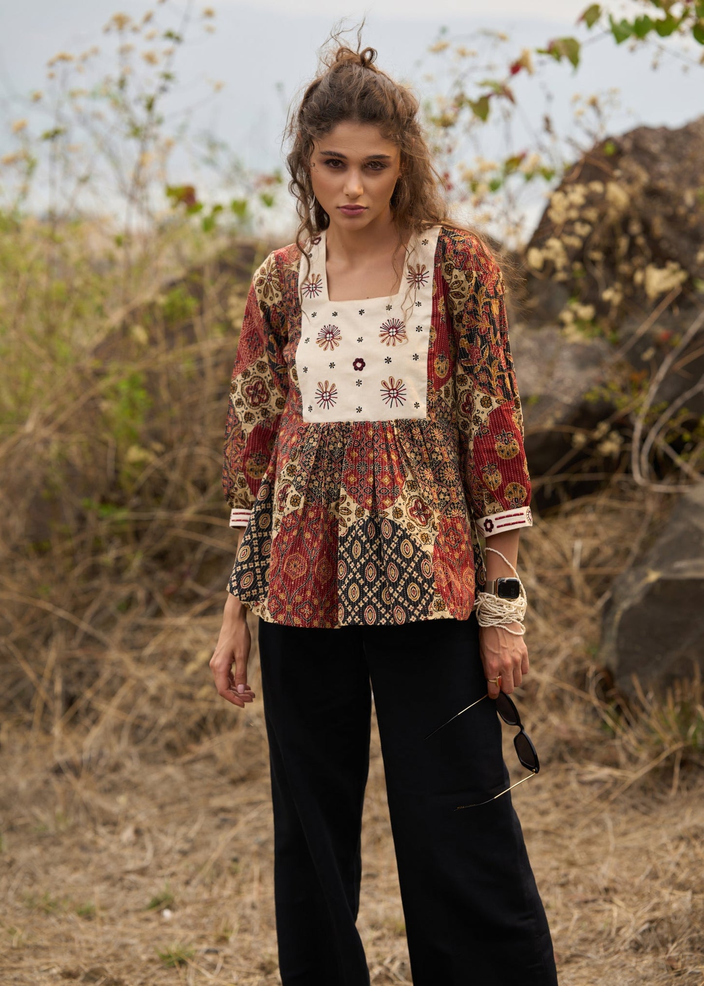 Stylish Printed kantha top  with off white embroidered yoke - pant optional