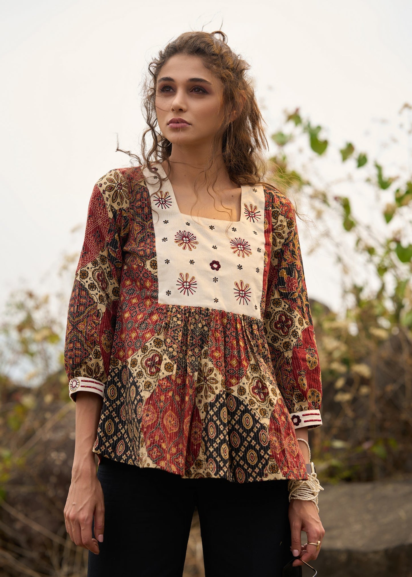 Stylish Printed kantha top  with off white embroidered yoke - pant optional