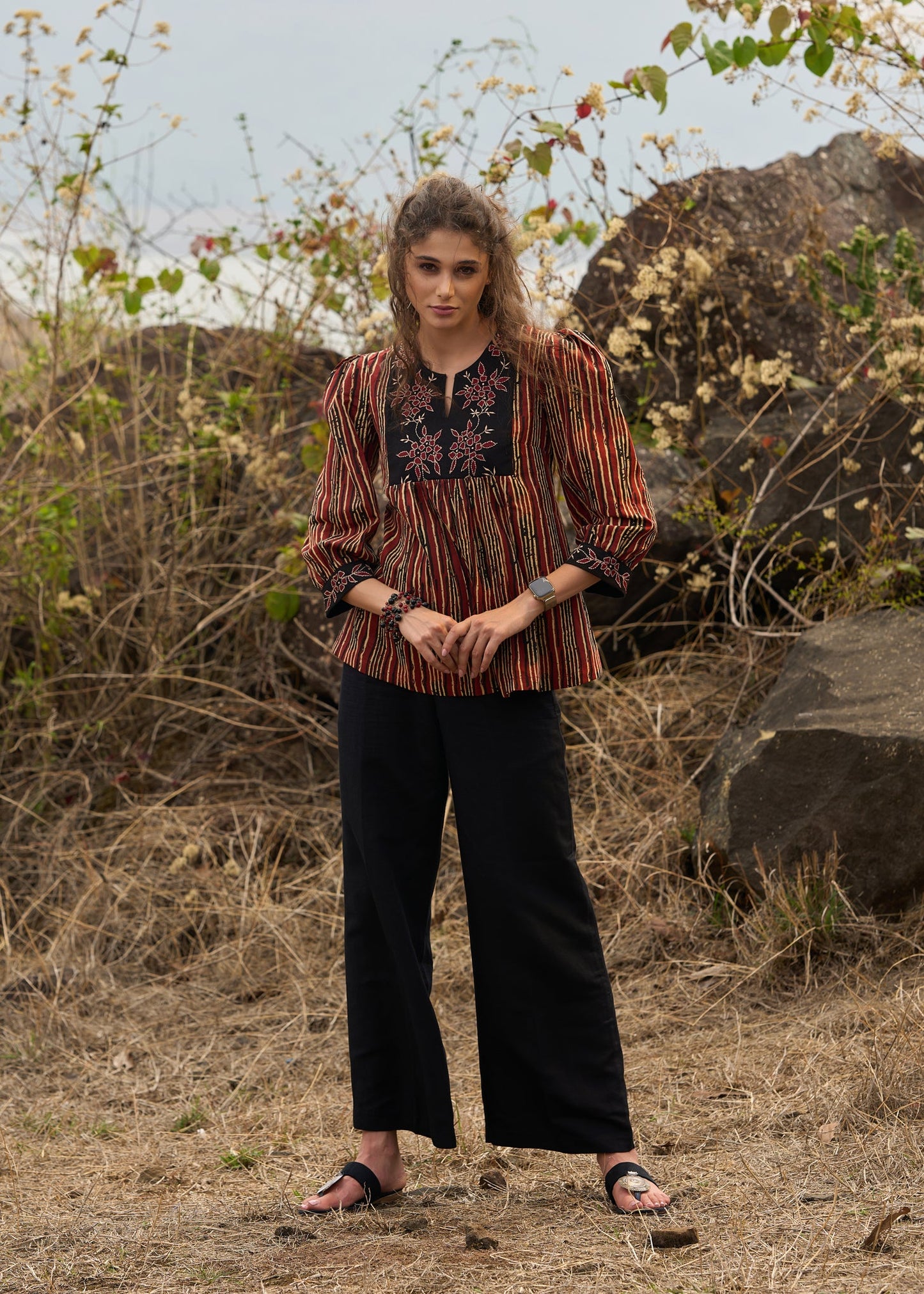 Smart Black & Red striped top with applique work on yoke - Pant Optional