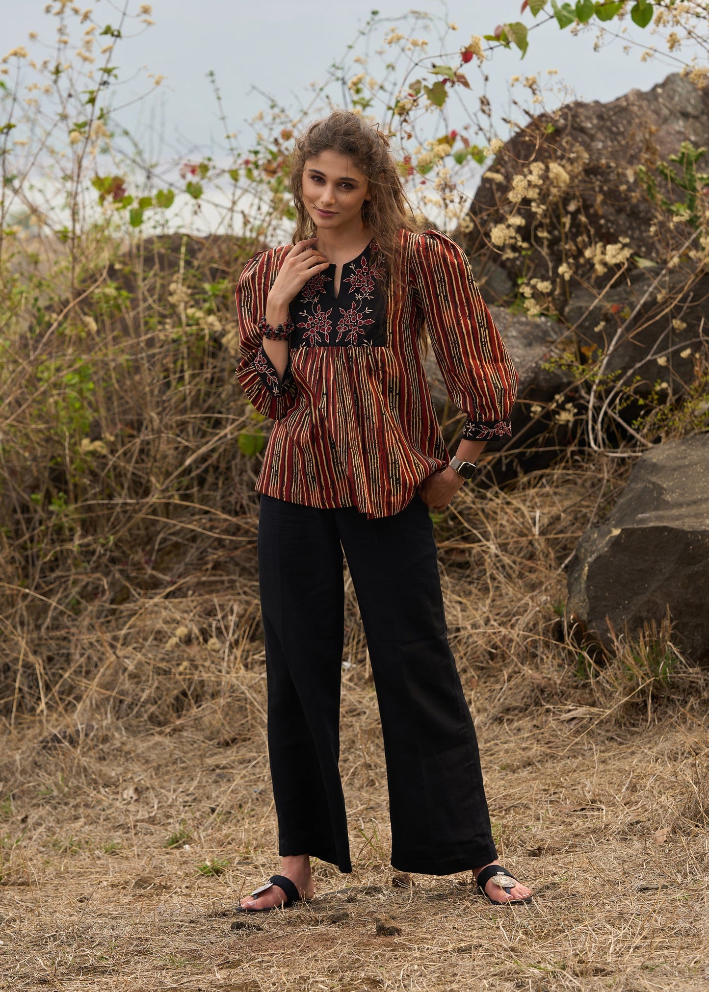 Smart Black & Red striped top with applique work on yoke - Pant Optional