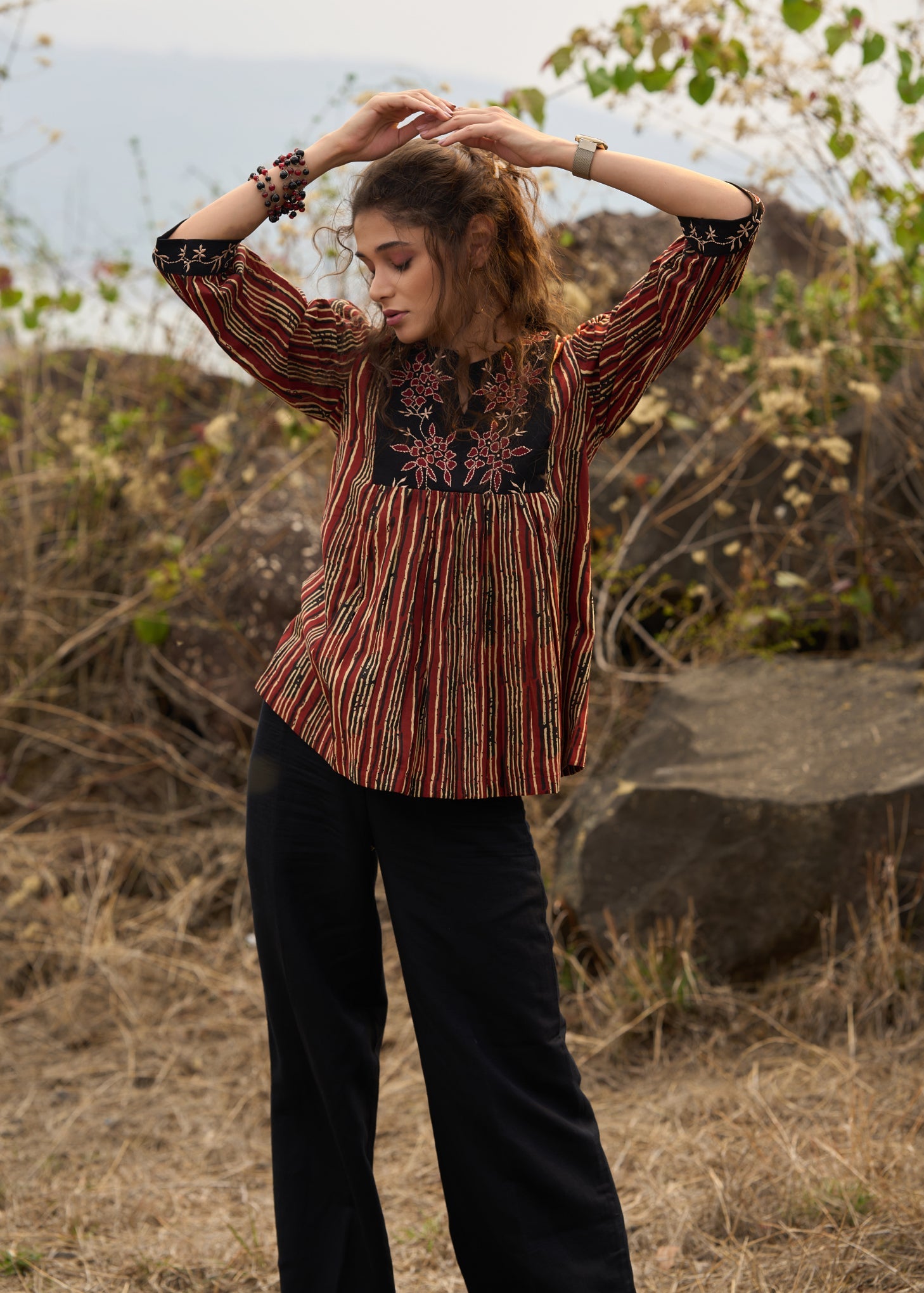 Smart Black & Red striped top with applique work on yoke - Pant Optional