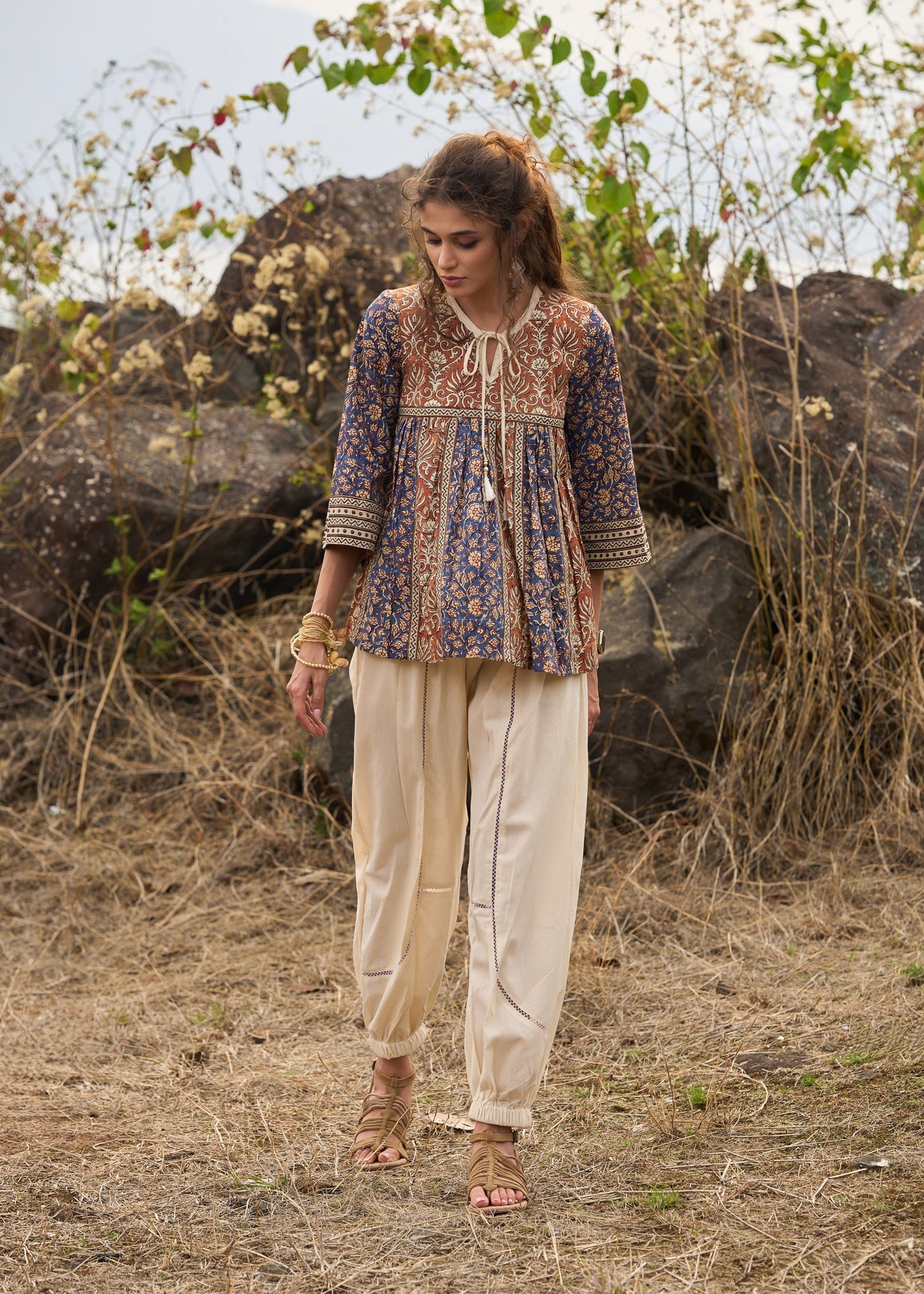 Elegant Brown & Blue block printed top with front tie-ups - pant Optional