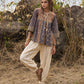 Elegant Brown & Blue block printed top with front tie-ups - pant Optional