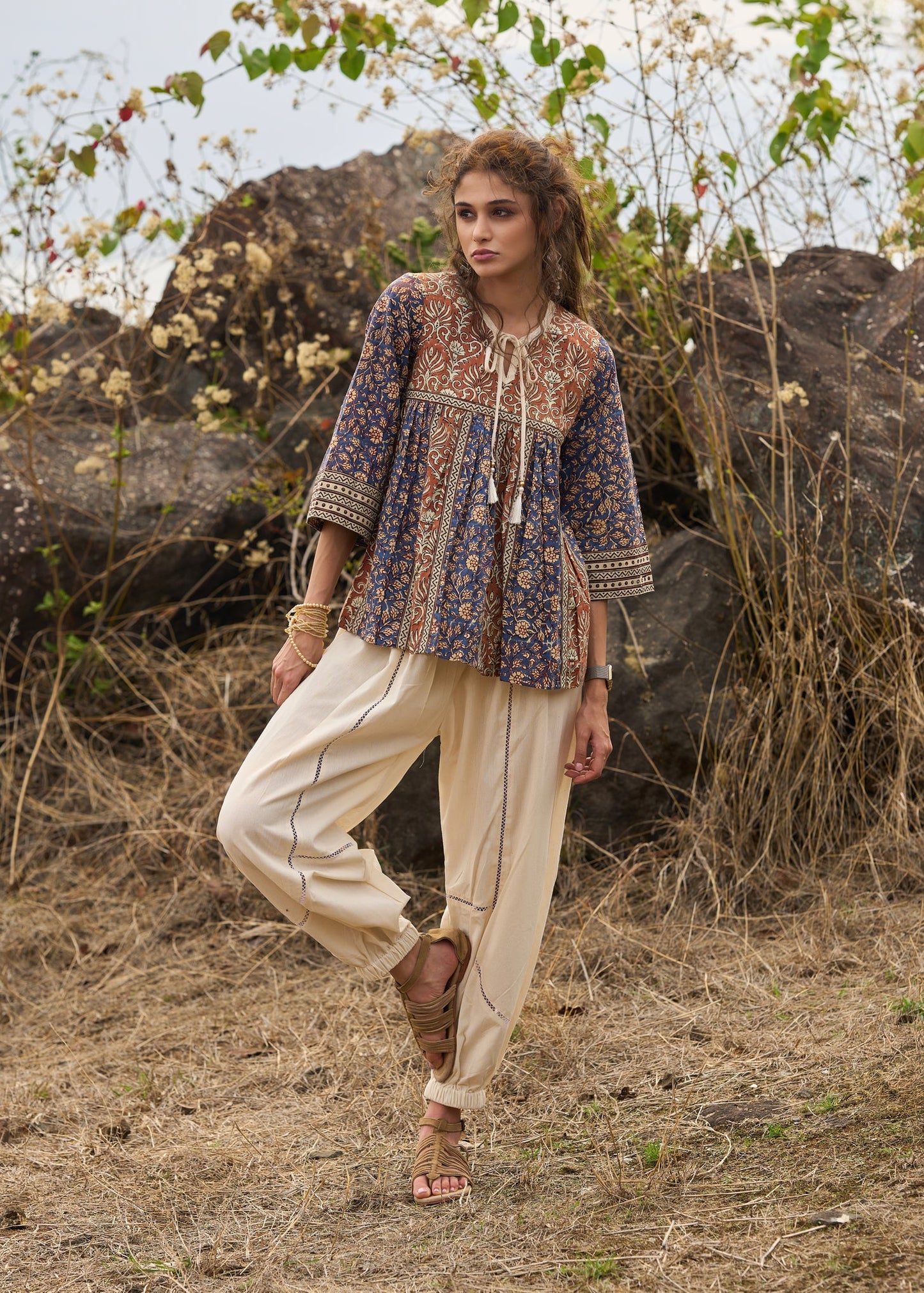 Elegant Brown & Blue block printed top with front tie-ups - pant Optional