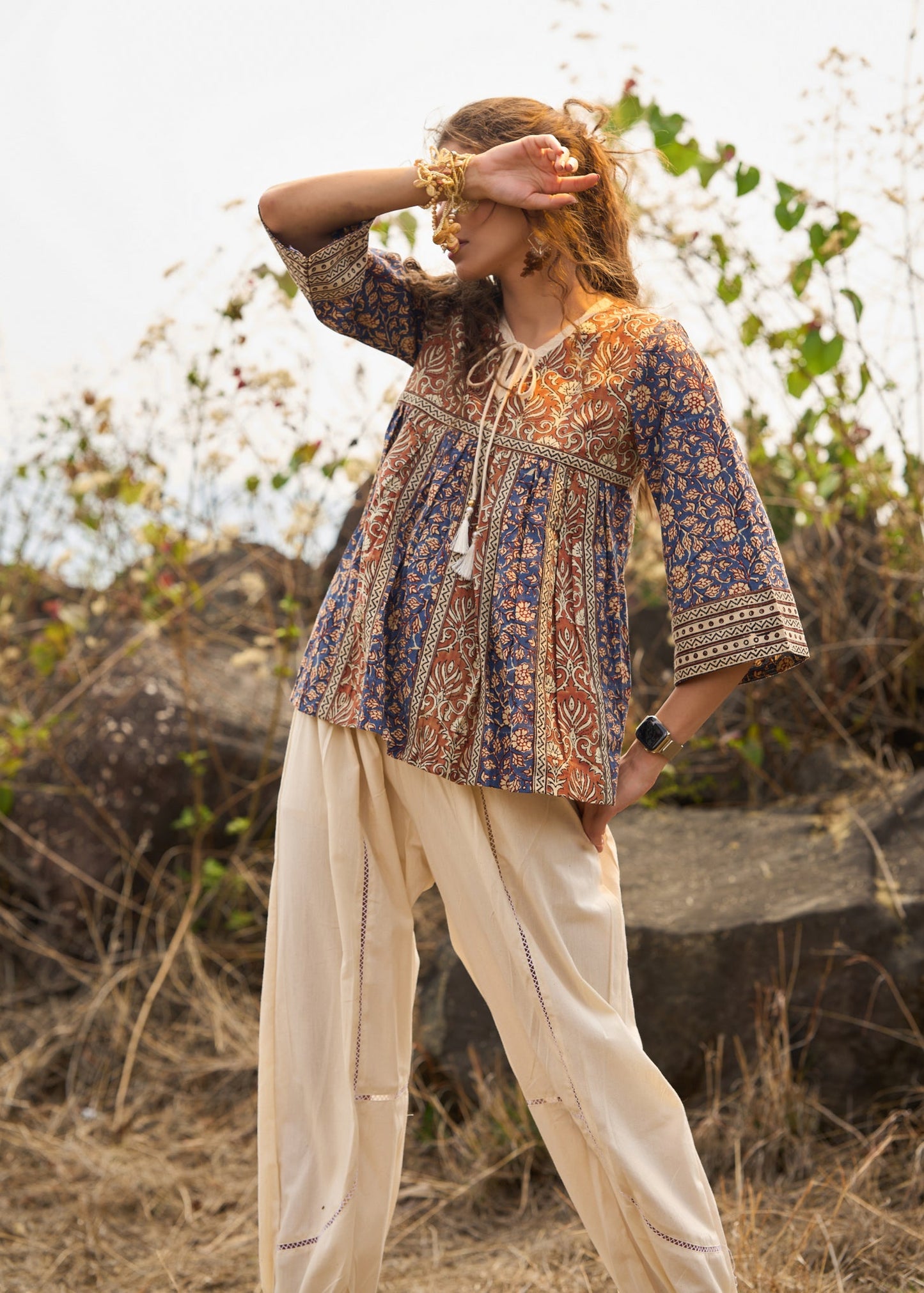 Elegant Brown & Blue block printed top with front tie-ups - pant Optional