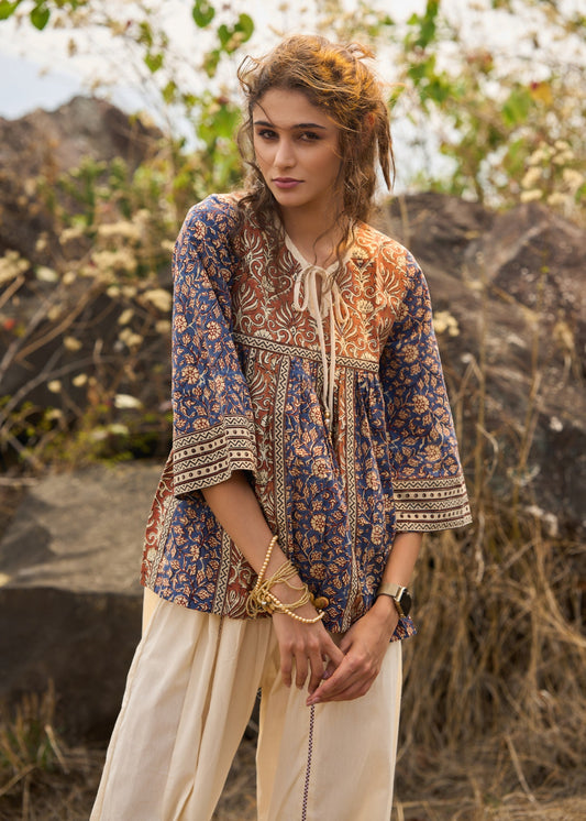 Elegant Brown & Blue block printed top with front tie-ups - pant Optional