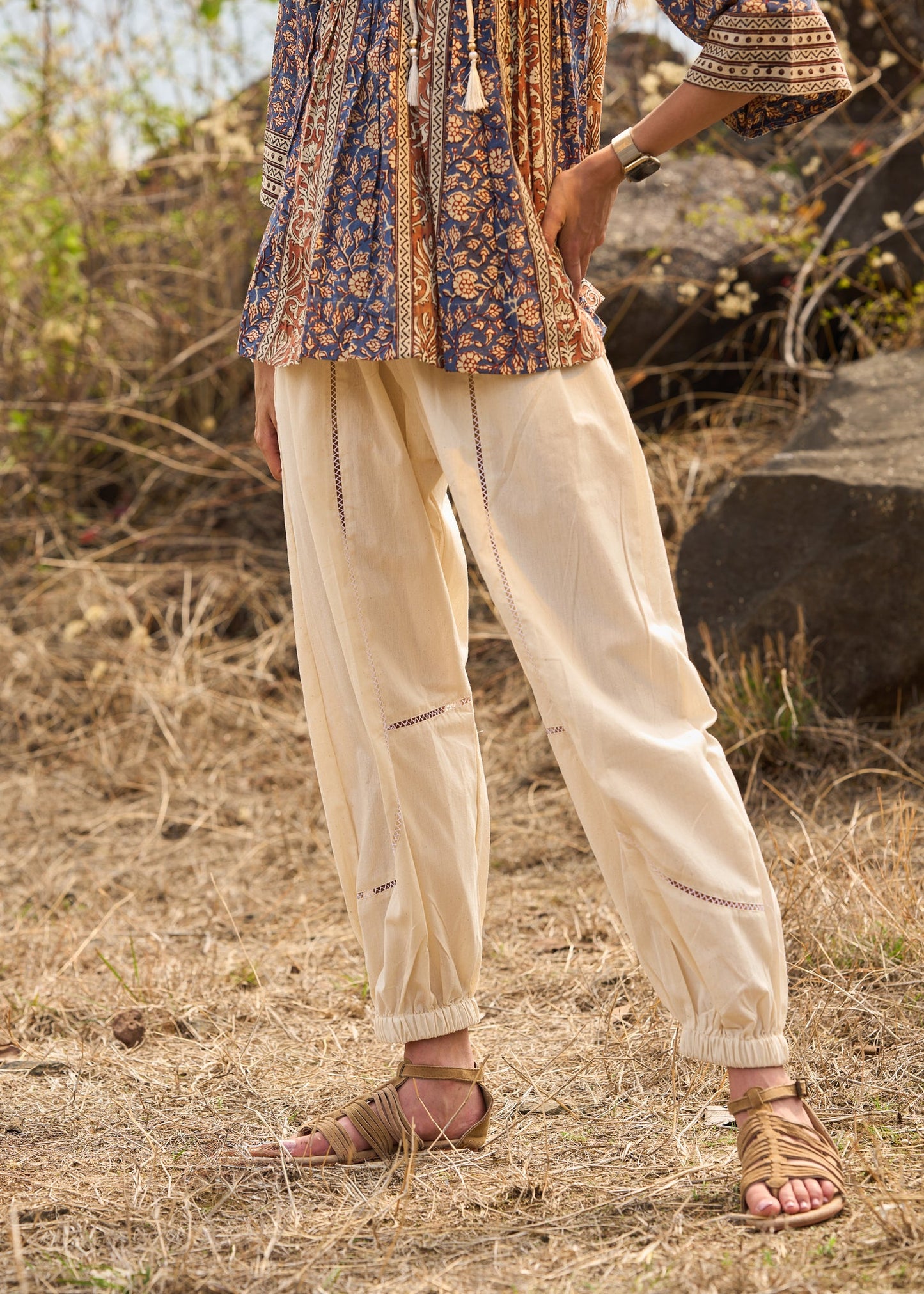 Elegant Brown & Blue block printed top with front tie-ups - pant Optional