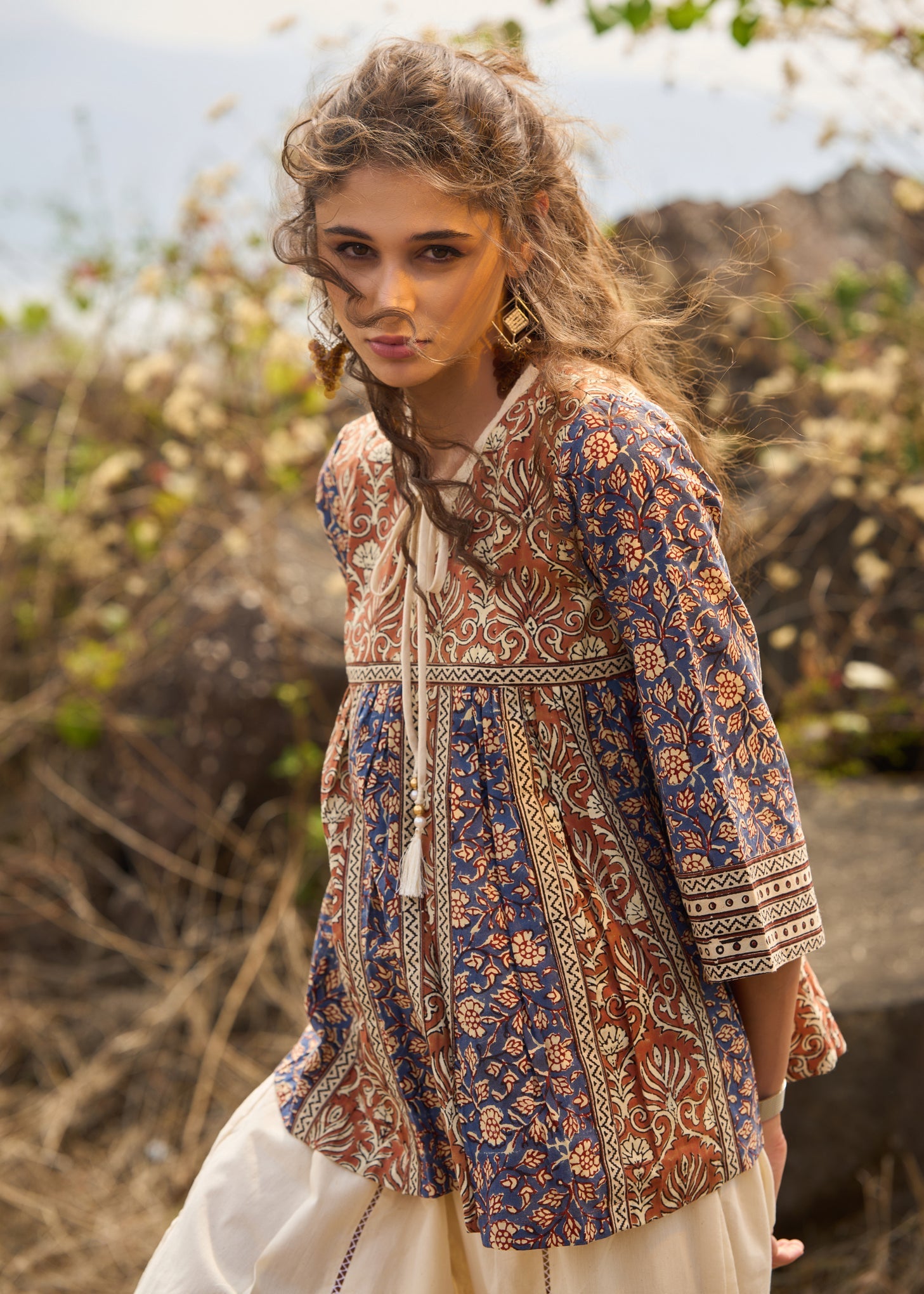 Elegant Brown & Blue block printed top with front tie-ups - pant Optional