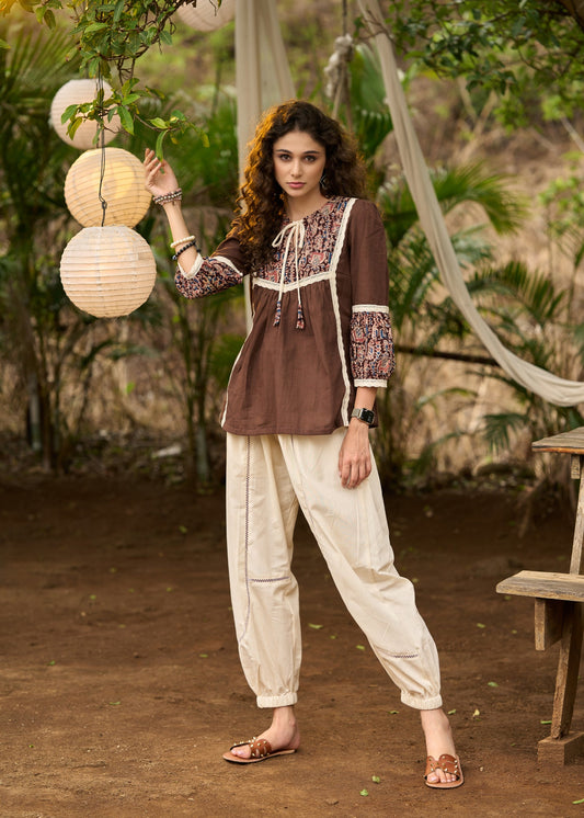 Brown kalamkari top with beautiful lacework - Pant Optional