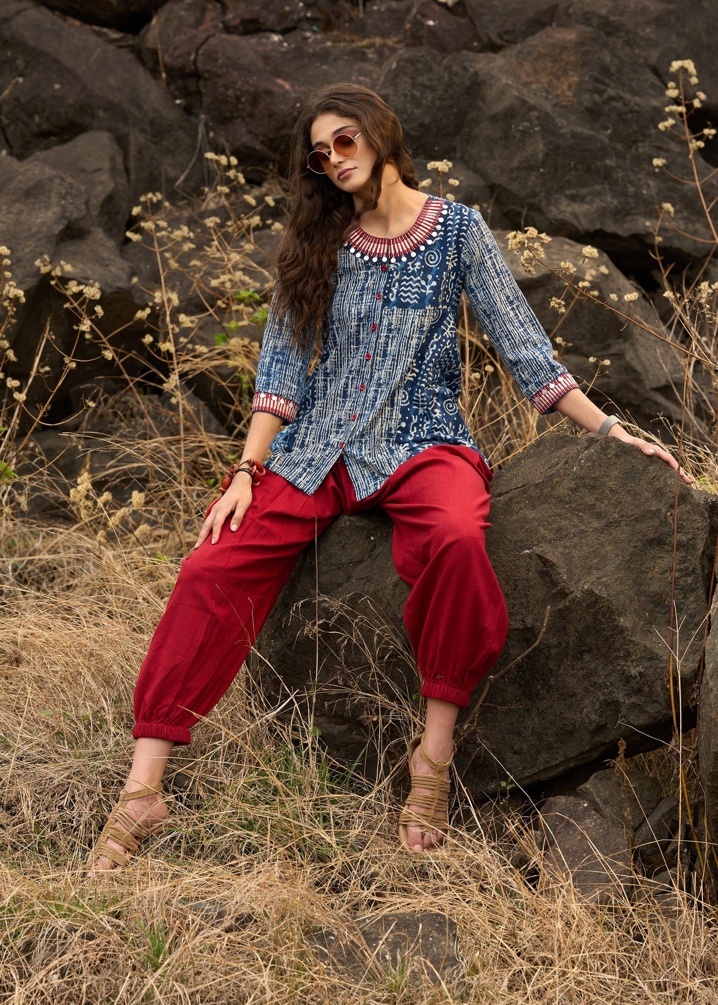 Indigo mix & match top with necklace embroidery- Pant optional