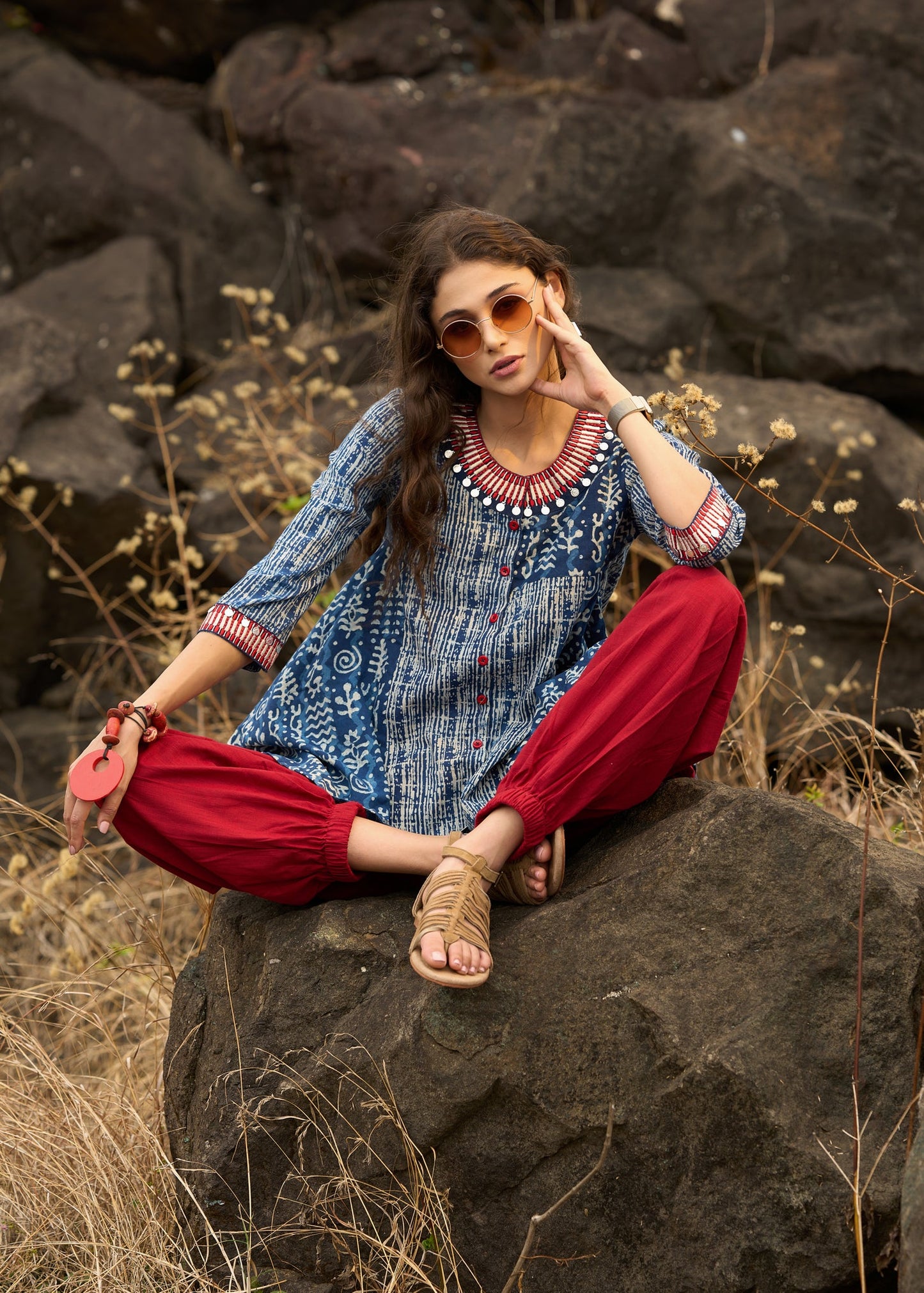 Indigo mix & match top with necklace embroidery- Pant optional