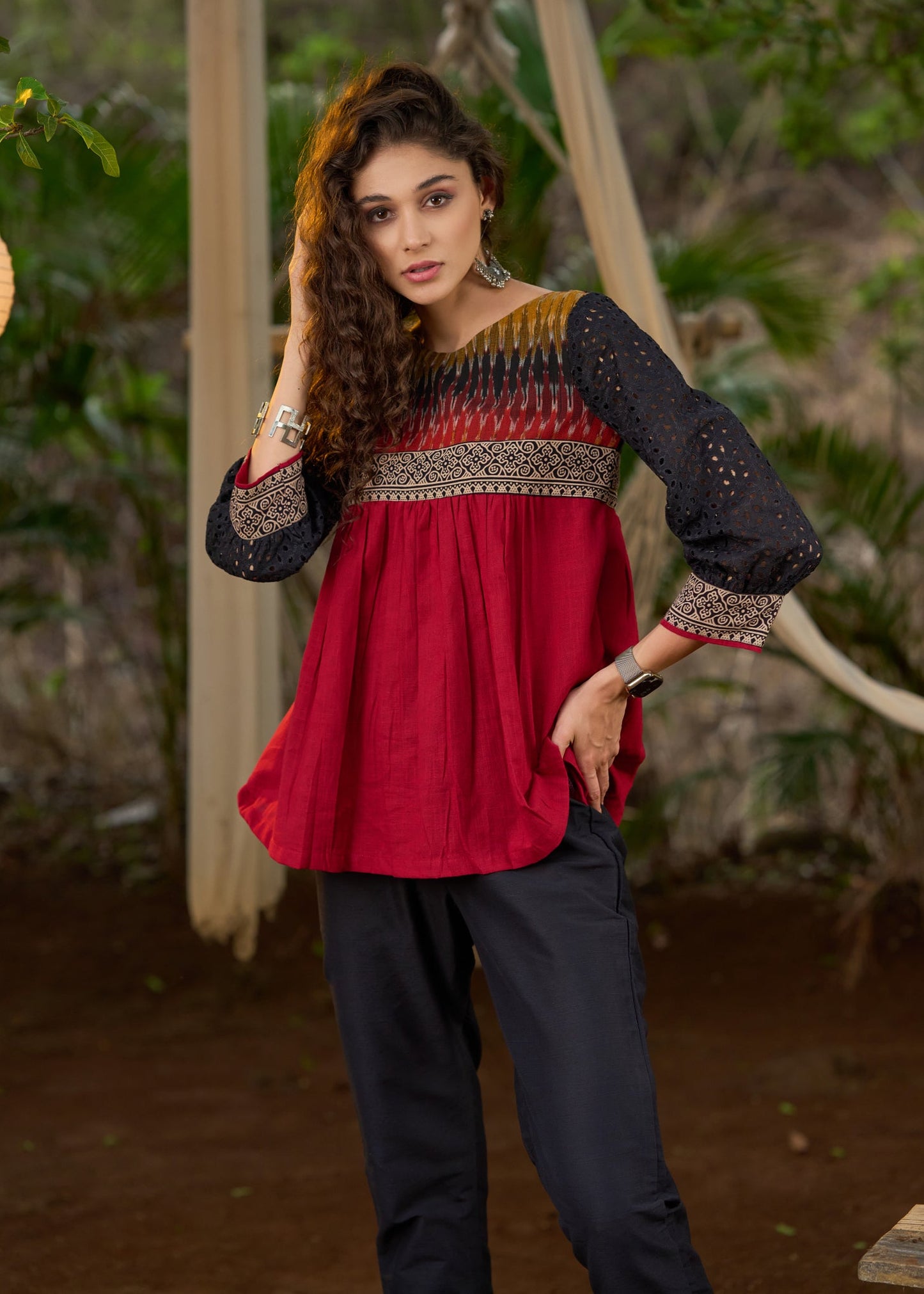 Unique Black & Red top with ikat yoke & hakoba sleeves - Pant Optional