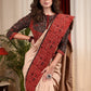 Beige silk cotton saree with block printed Ajrakh border