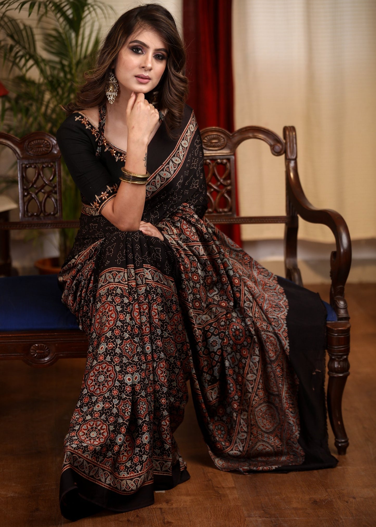 Exclusive block printed black modal silk saree