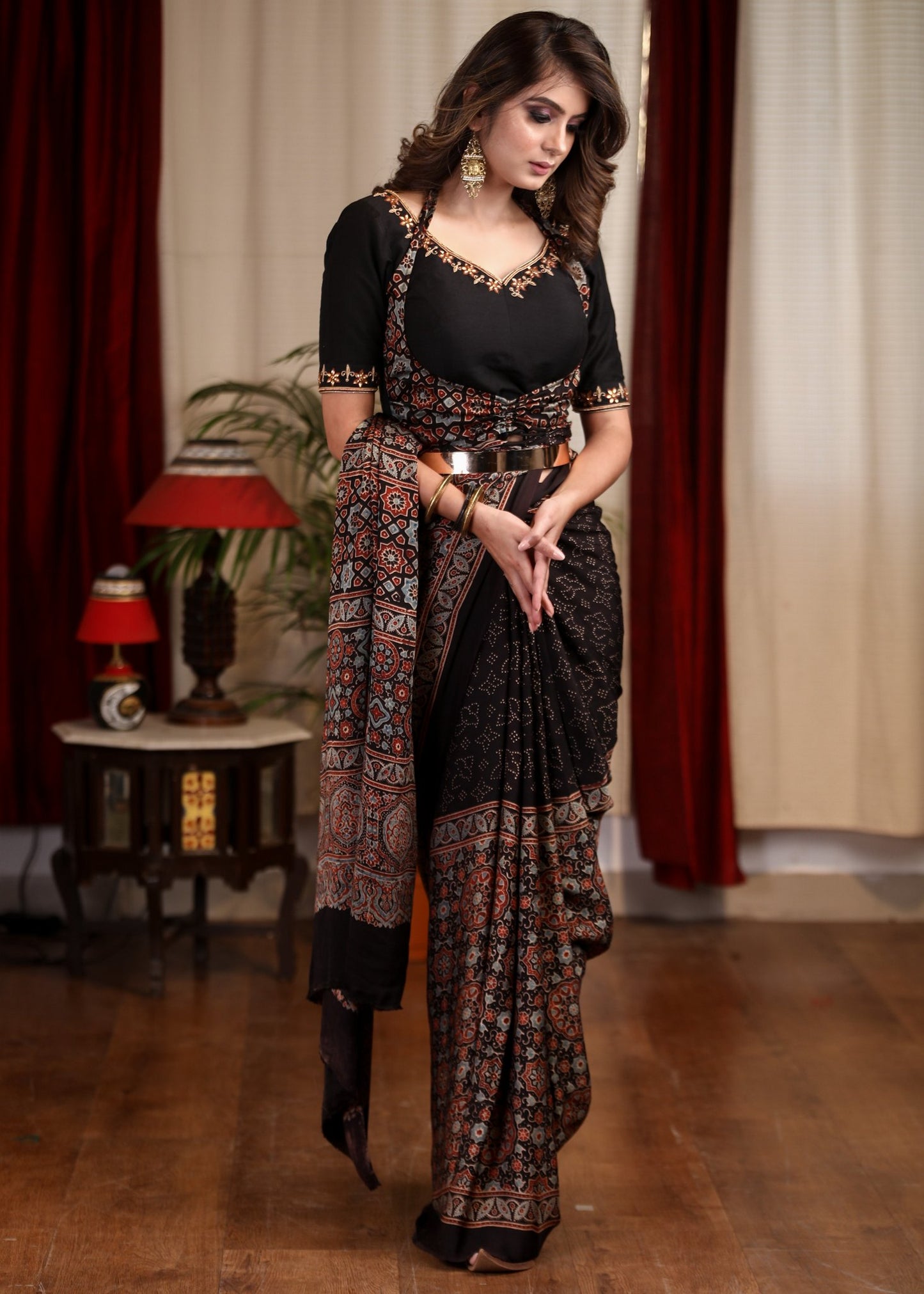 Exclusive block printed black modal silk saree