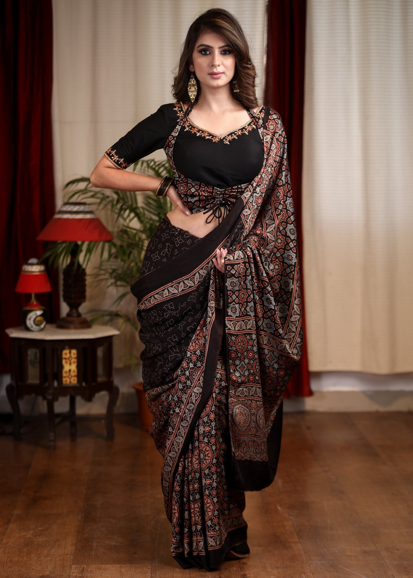 Exclusive block printed black modal silk saree