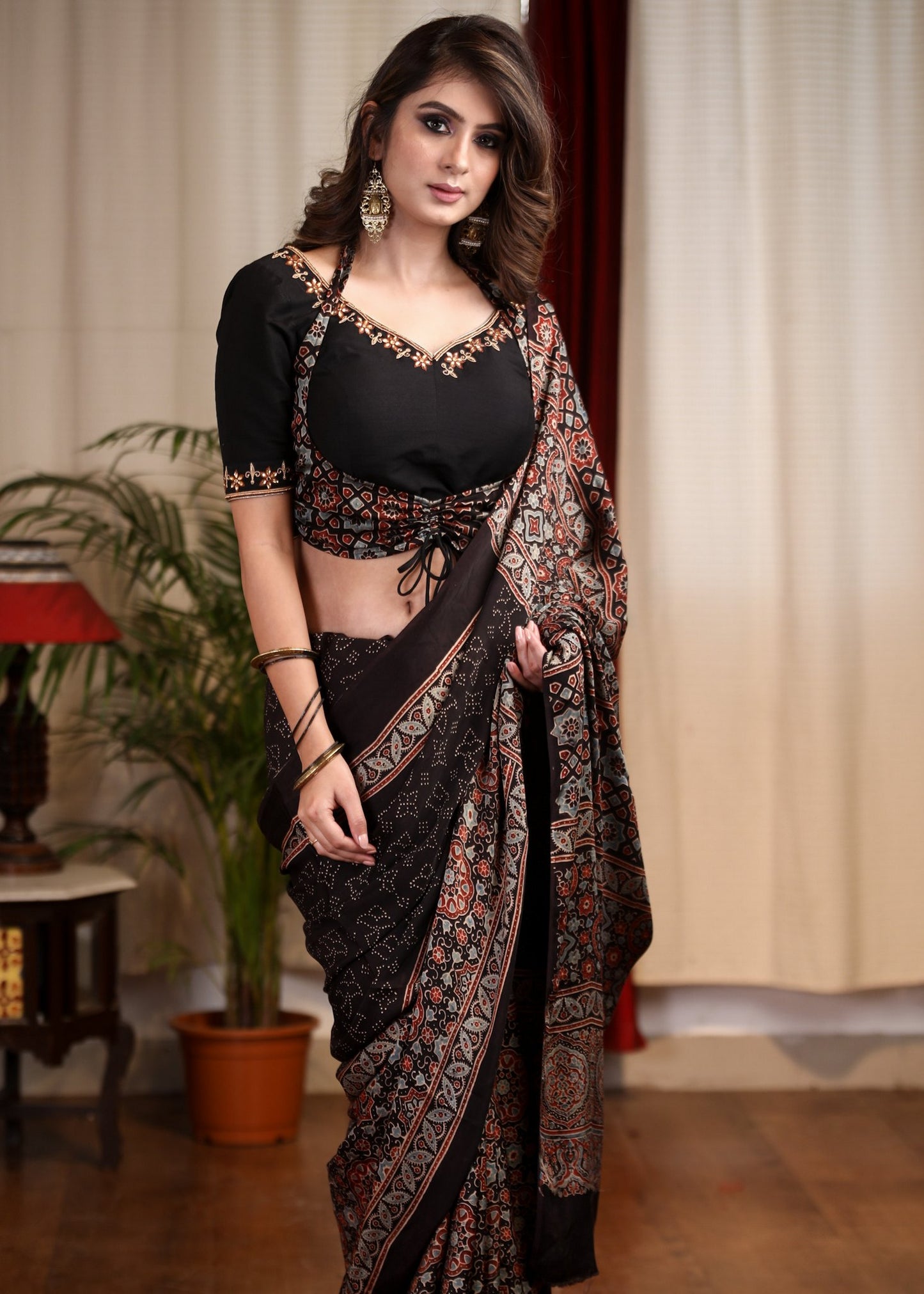 Exclusive block printed black modal silk saree