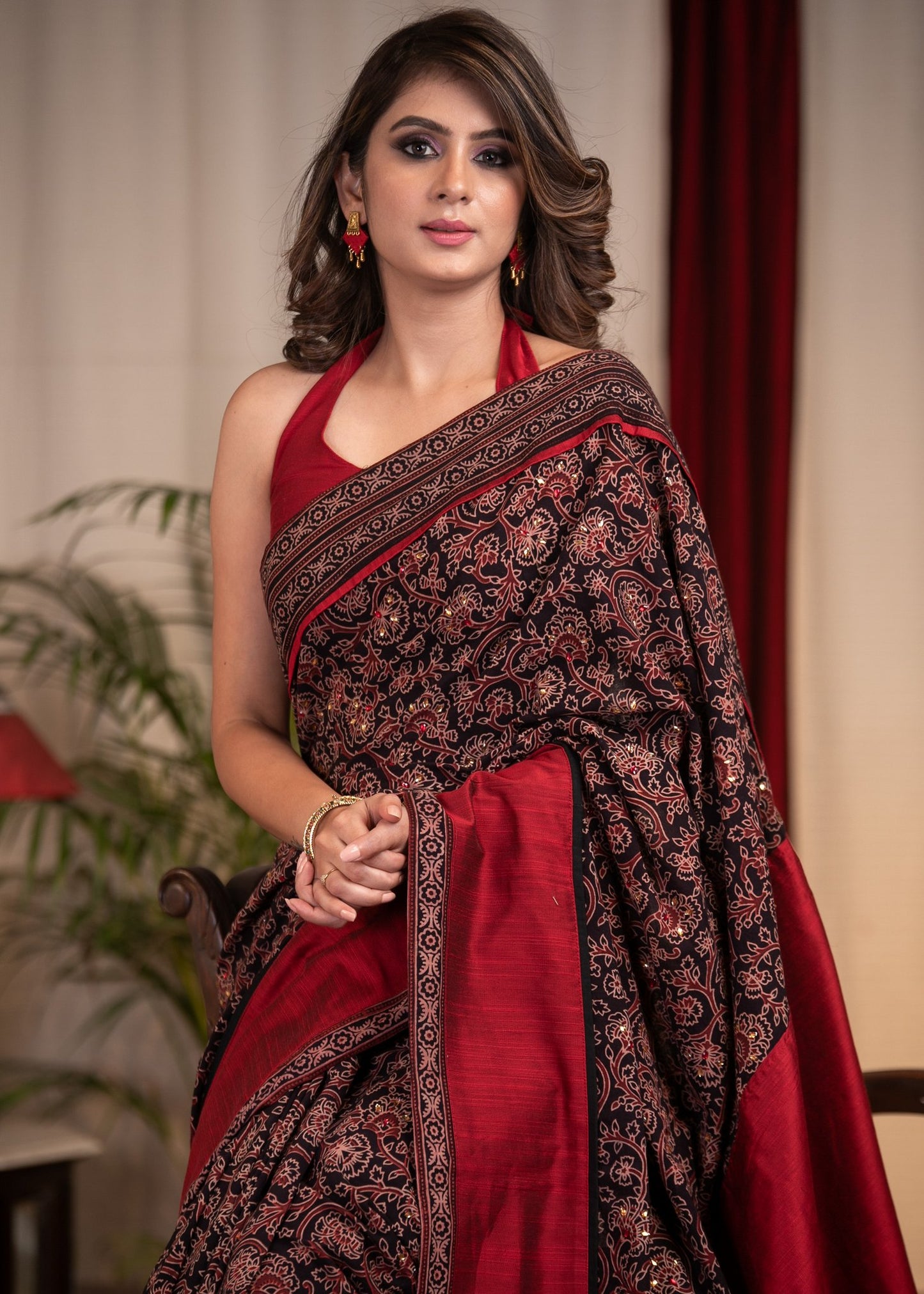 Black Ajrakh saree with exclusive stone embellishments