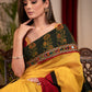 Yellow Chanderi saree with block printed Ajrakh border and pallu