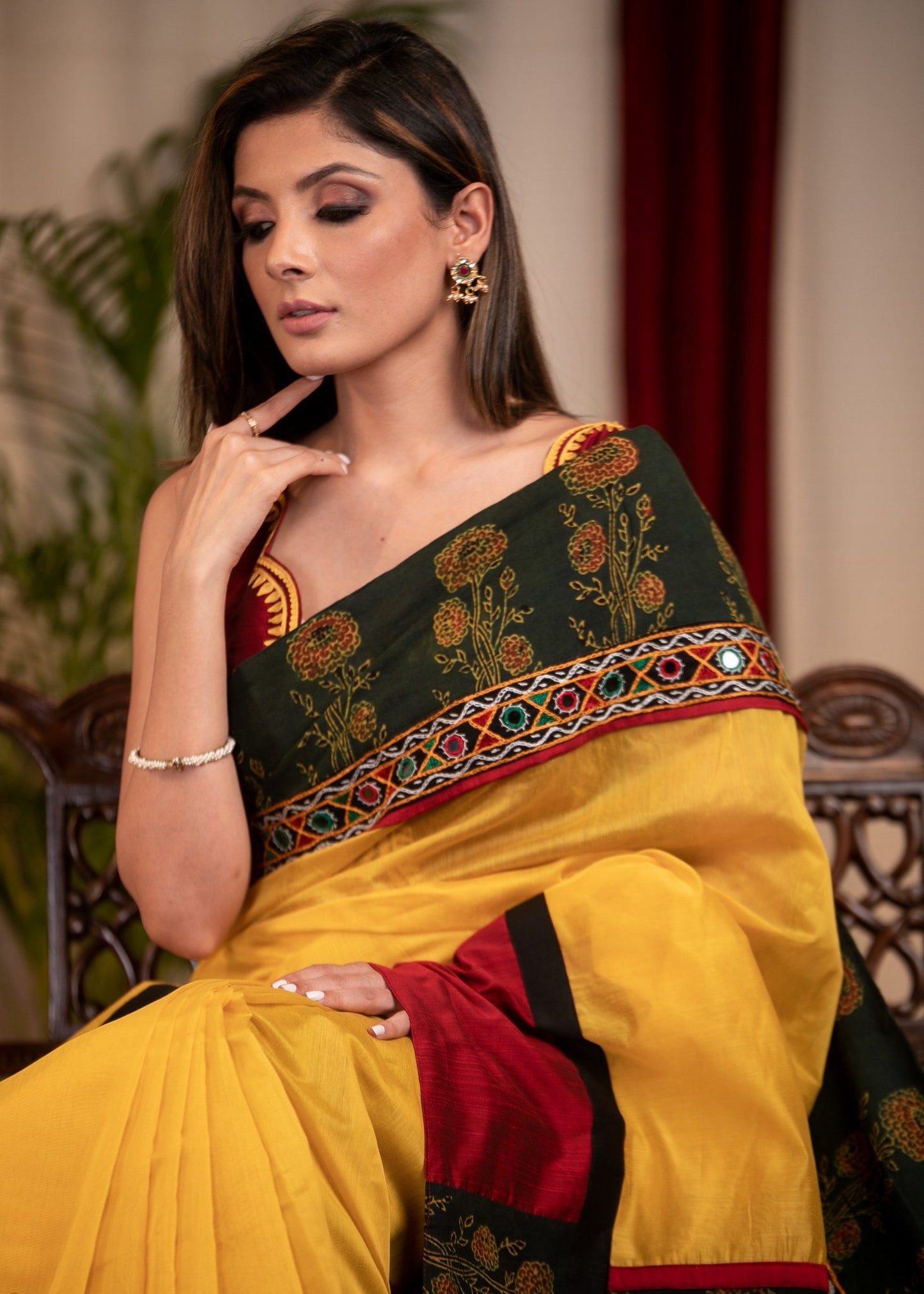 Yellow Chanderi saree with block printed Ajrakh border and pallu