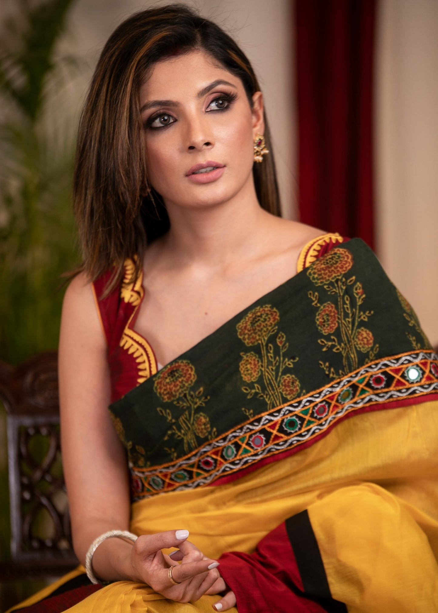 Yellow Chanderi saree with block printed Ajrakh border and pallu