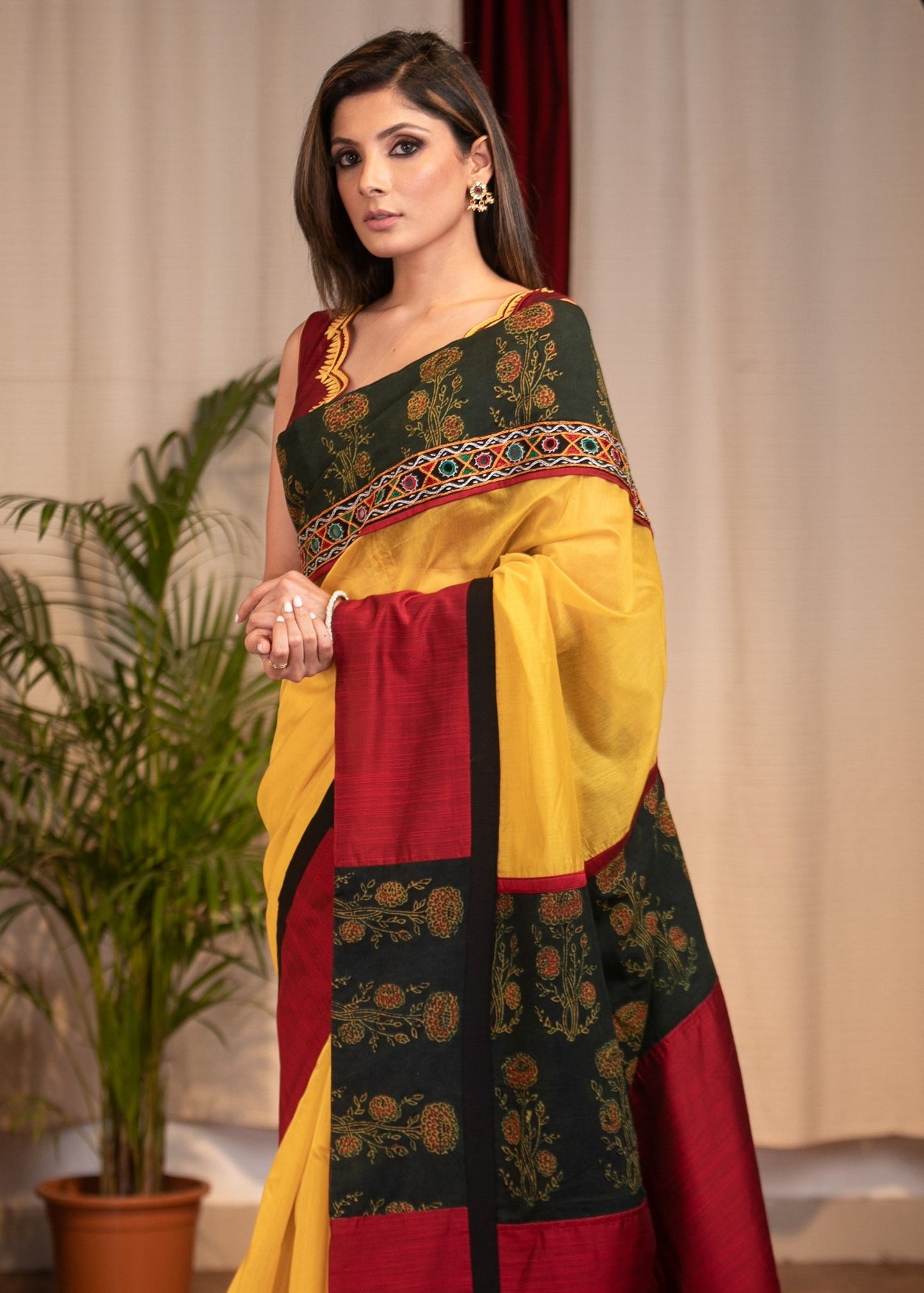 Yellow Chanderi saree with block printed Ajrakh border and pallu