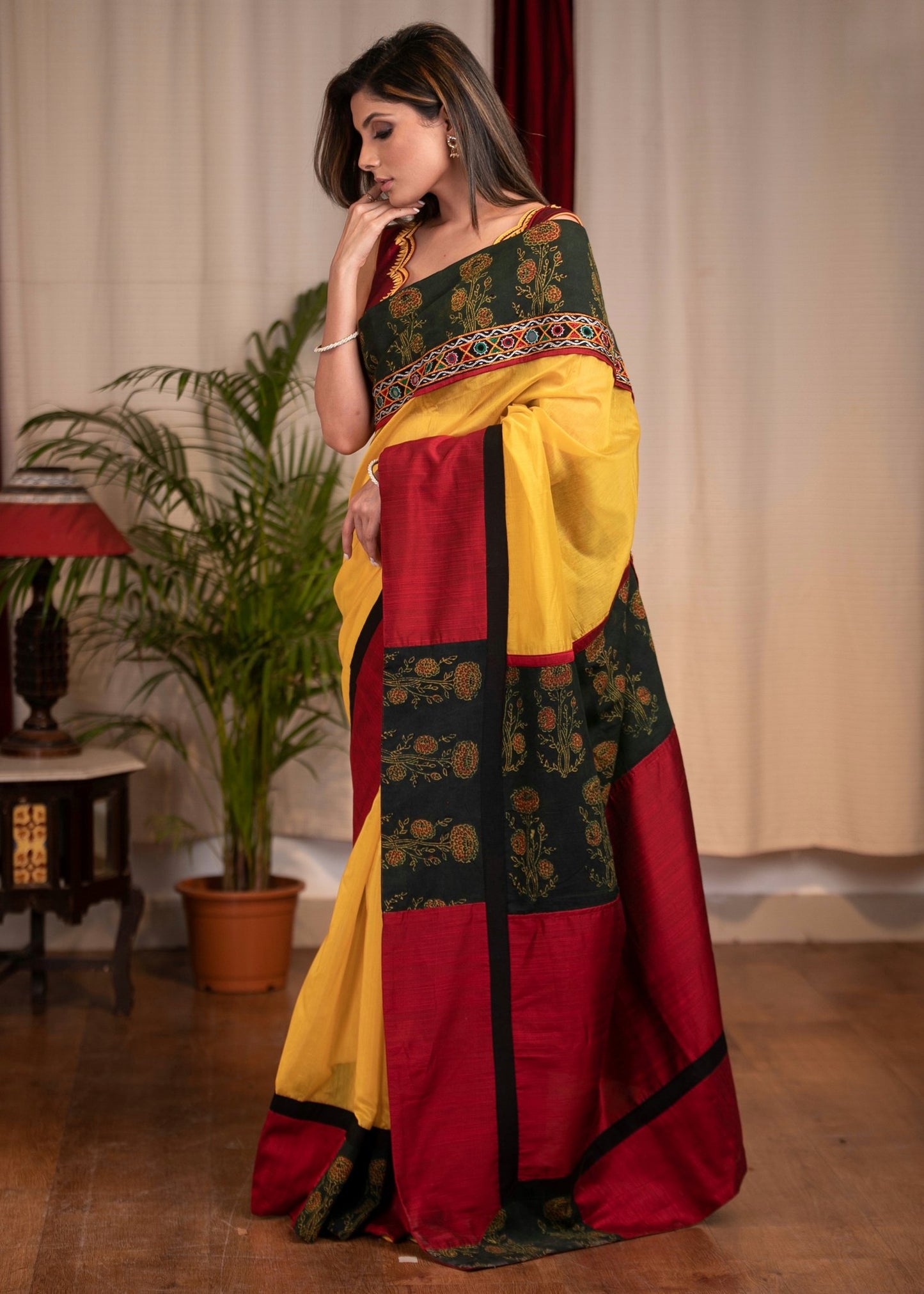 Yellow Chanderi saree with block printed Ajrakh border and pallu