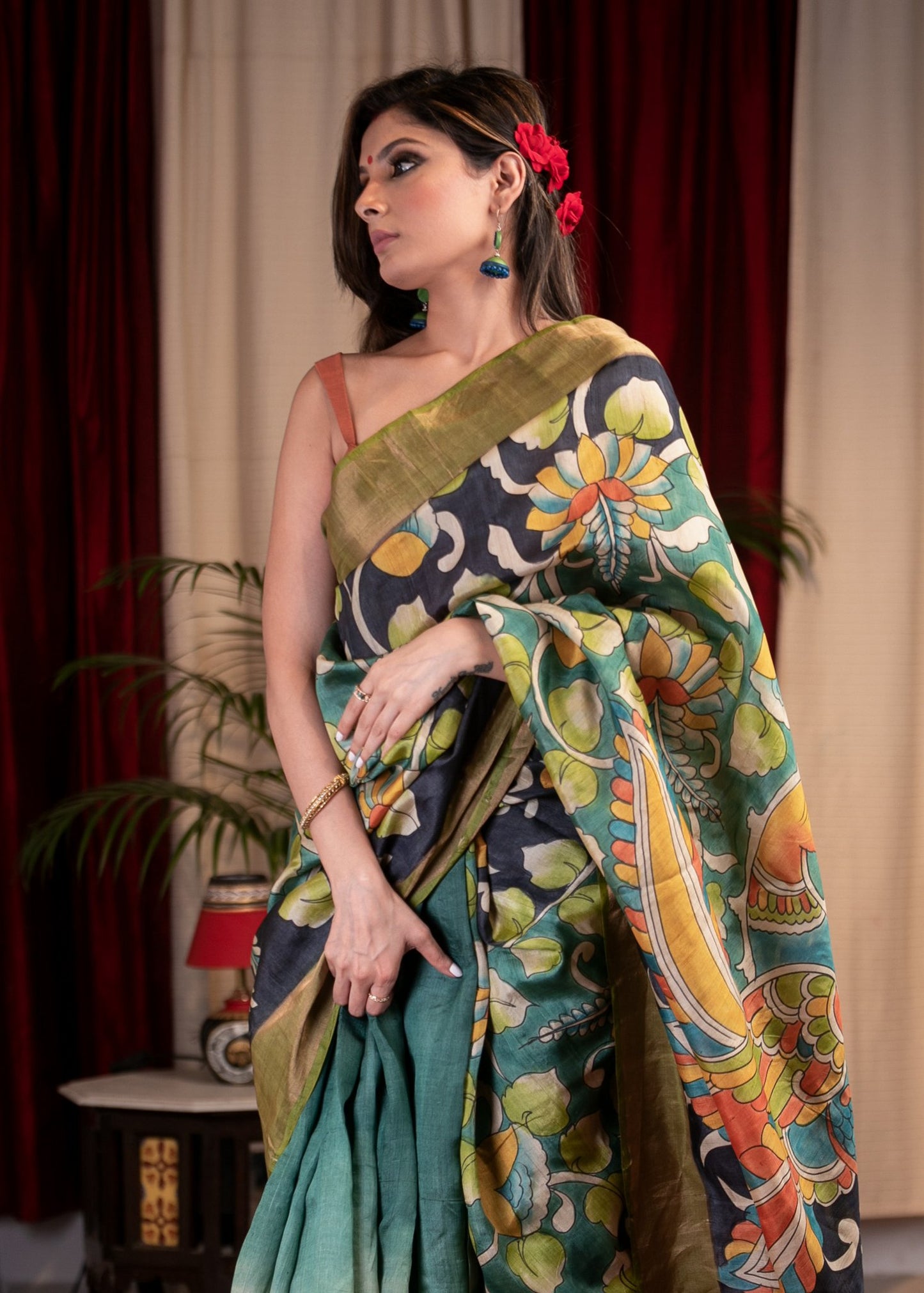 Exclusive pure tusser silk hand painted kalamkari design saree