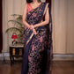 Exclusive embroidered royal blue pure linen saree