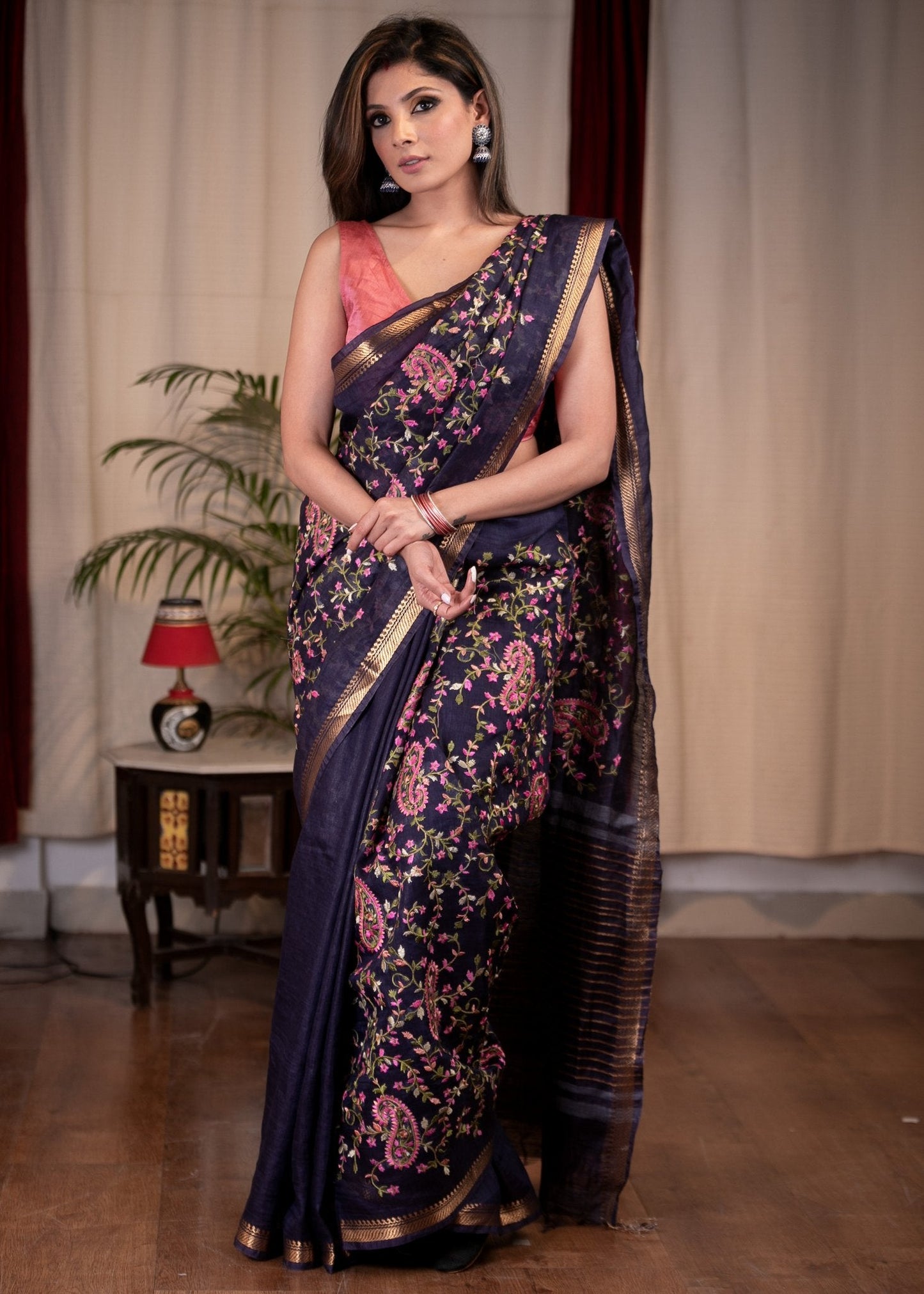 Exclusive embroidered royal blue pure linen saree