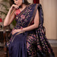 Exclusive embroidered royal blue pure linen saree