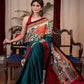 Teal khun saree with hand painted Madhubani border