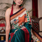 Teal khun saree with hand painted Madhubani border