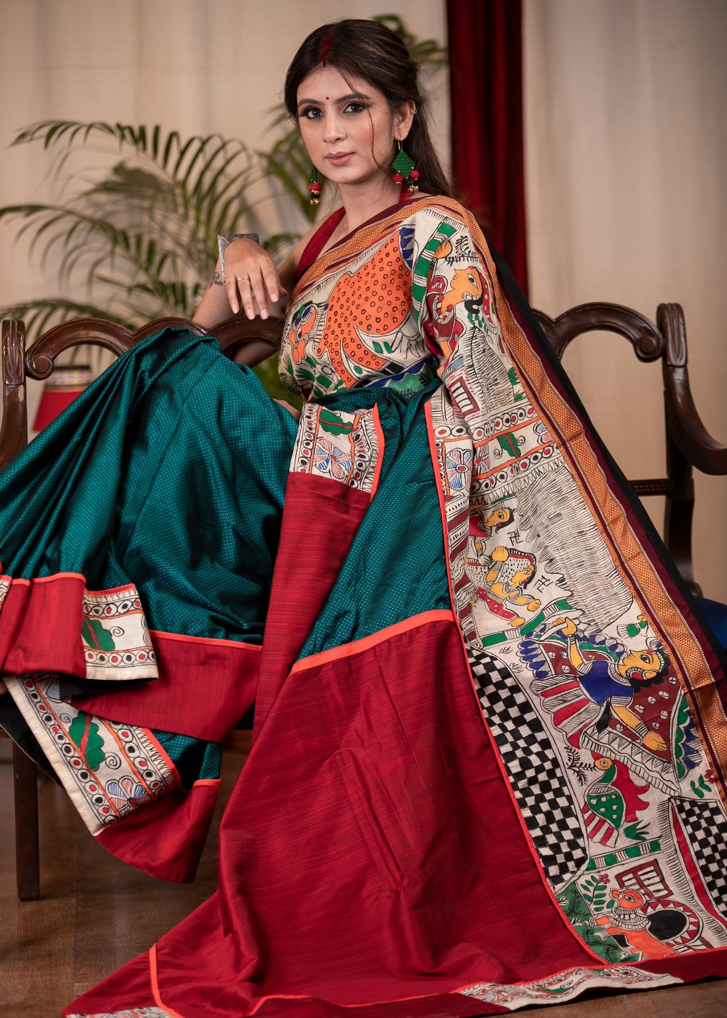 Teal khun saree with hand painted Madhubani border