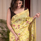 Exclusive embroidered yellow pure linen saree