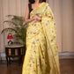 Exclusive embroidered yellow pure linen saree