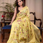 Exclusive embroidered yellow pure linen saree