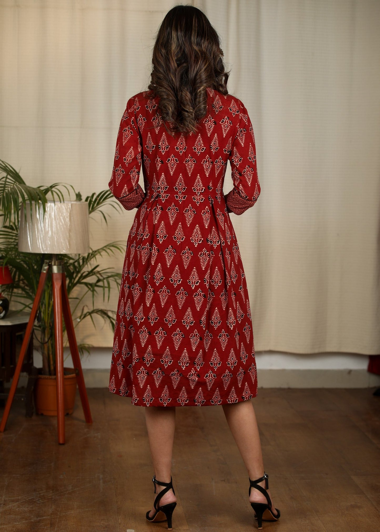 Exclusive maroon Ajrakh printed cotton one piece dress