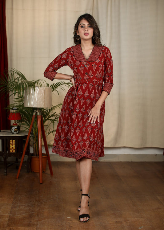 Exclusive maroon Ajrakh printed cotton one piece dress