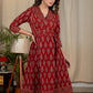 Exclusive maroon Ajrakh printed cotton one piece dress