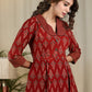 Exclusive maroon Ajrakh printed cotton one piece dress