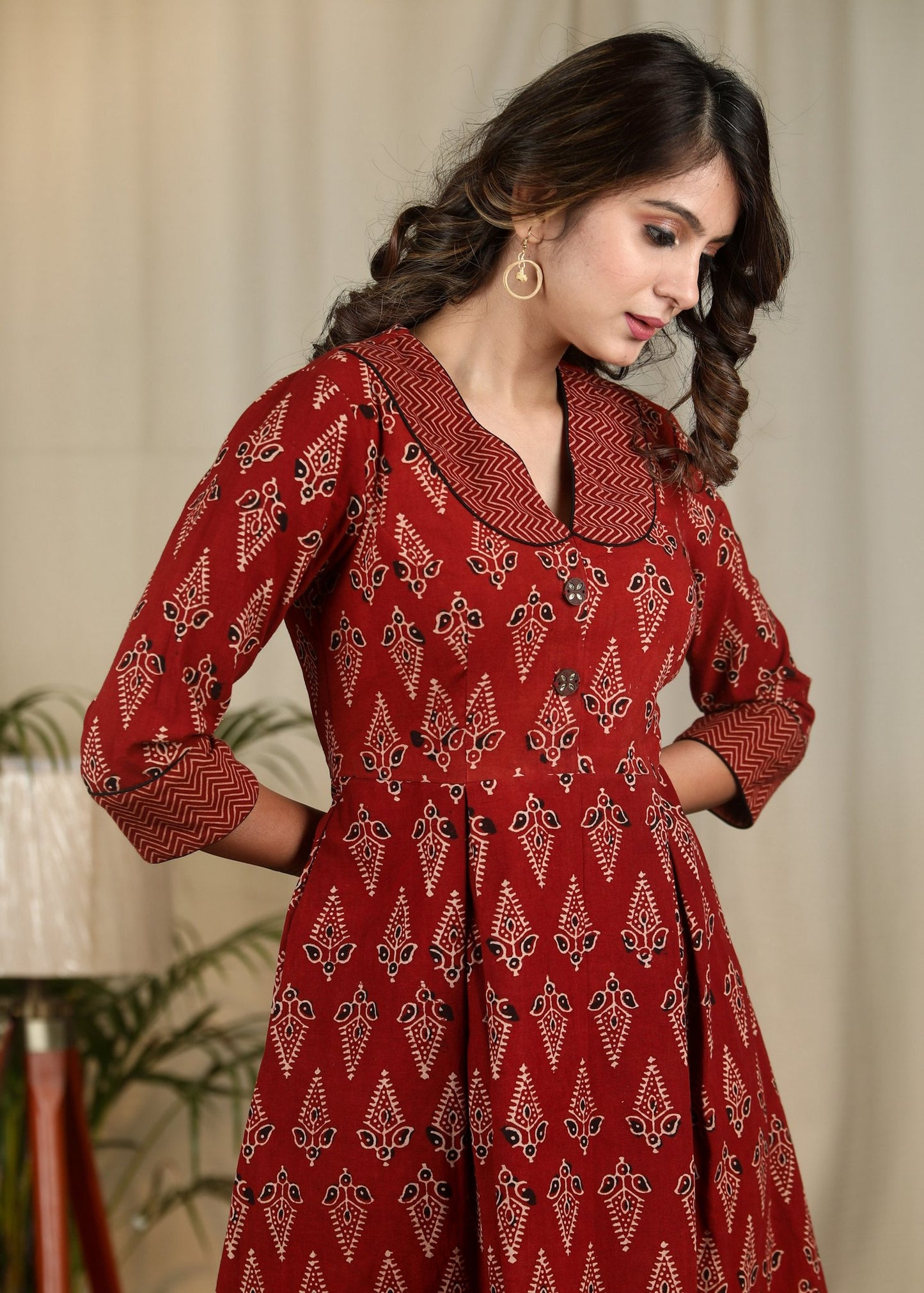 Exclusive maroon Ajrakh printed cotton one piece dress