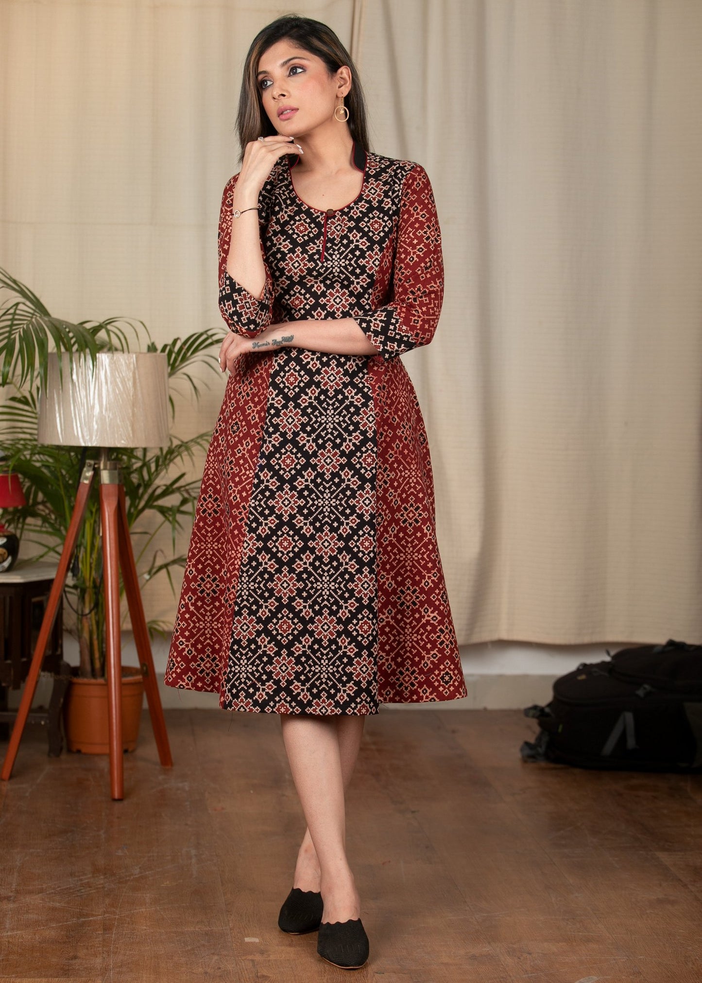 Black & maroon combination one piece Ajrakh cotton dress