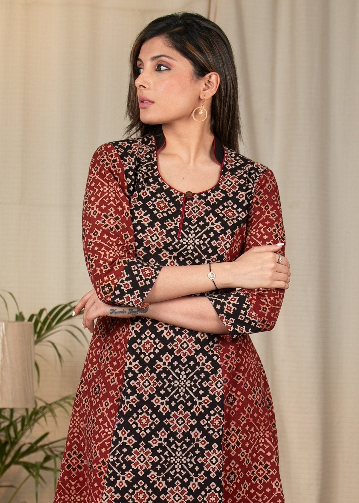 Black & maroon combination one piece Ajrakh cotton dress