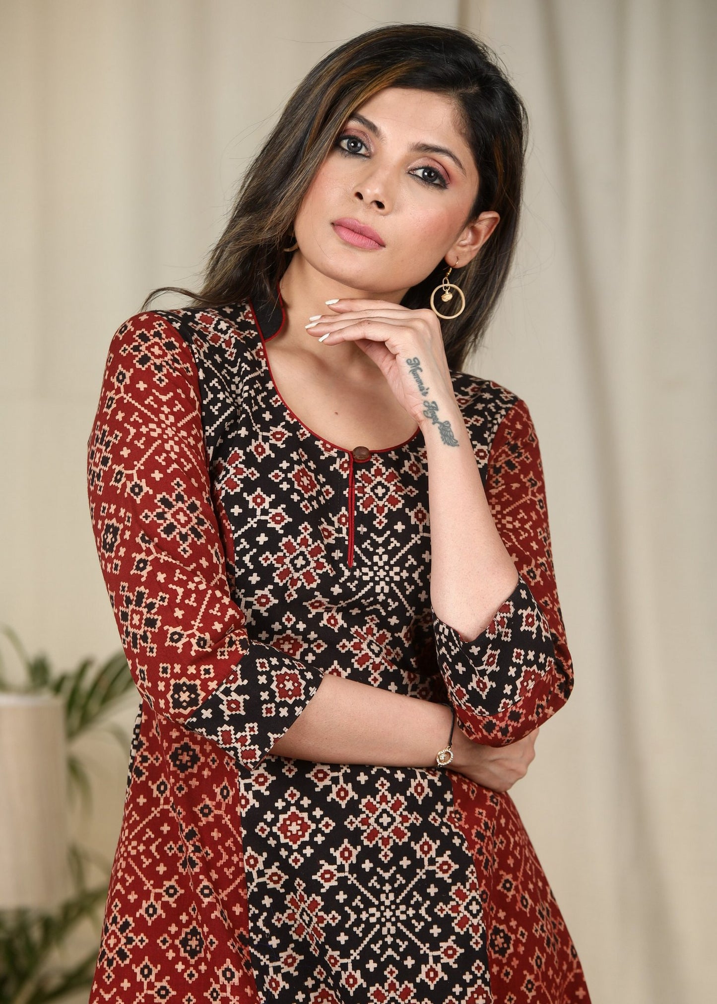 Black & maroon combination one piece Ajrakh cotton dress