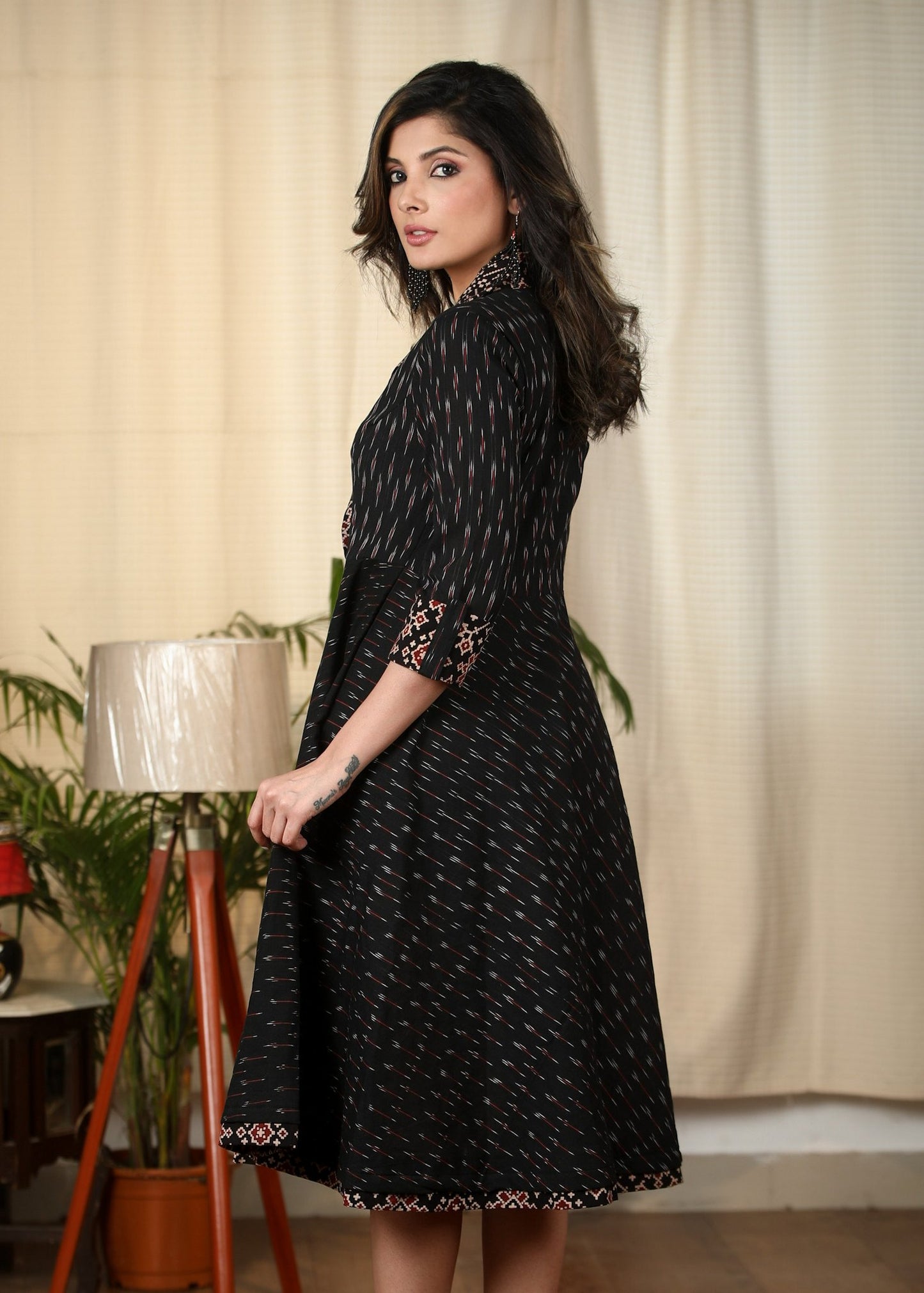 Exclusive black ikat one piece cotton dress with Ajrakh details