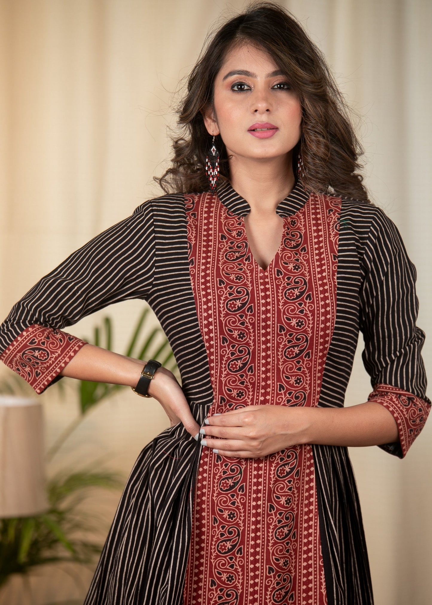 Striped Ajrakh one piece cotton dress with maroon Ajrakh combination