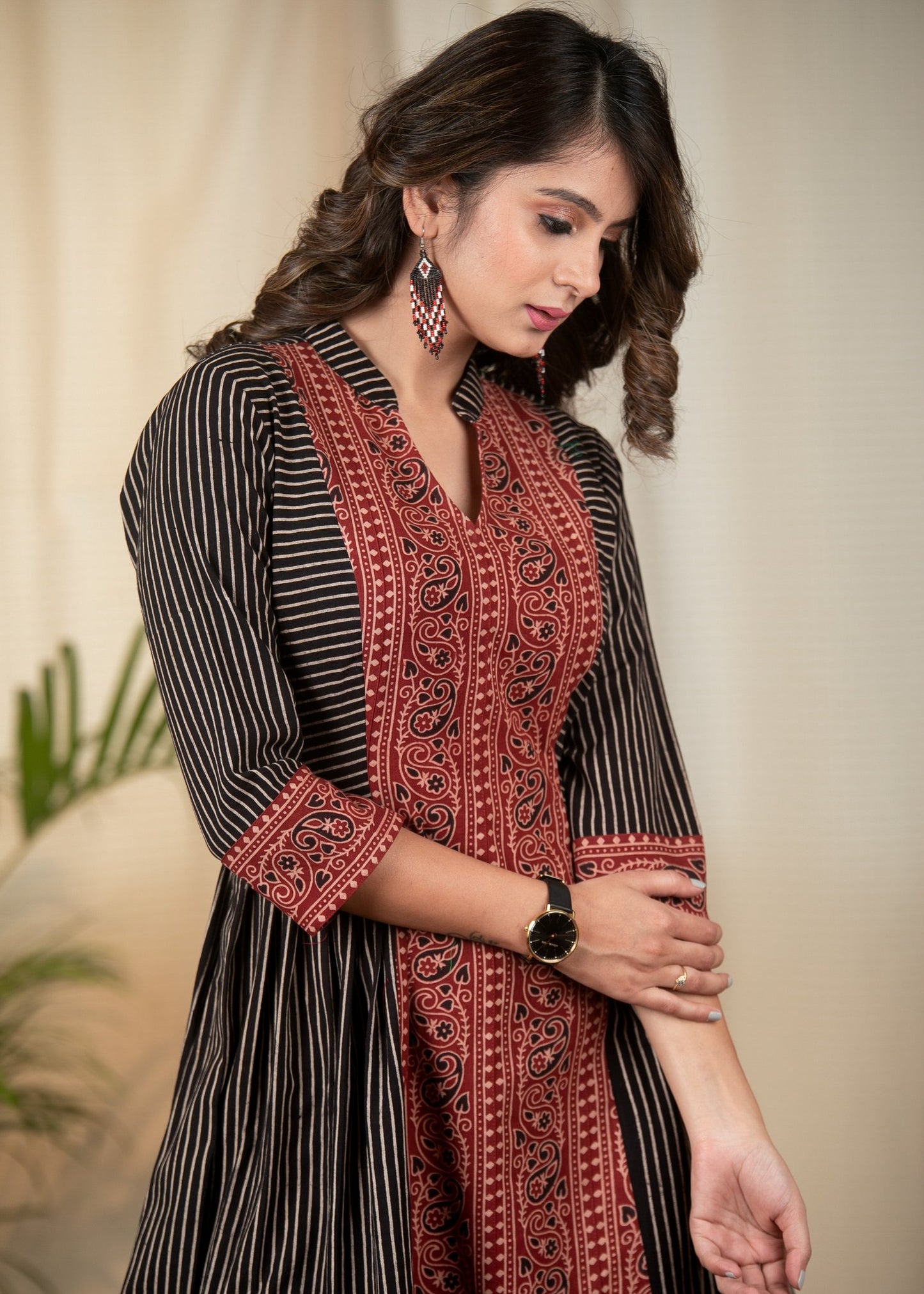 Striped Ajrakh one piece cotton dress with maroon Ajrakh combination